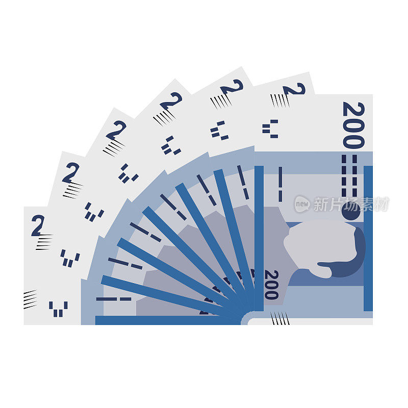 摩洛哥迪拉姆矢量插图。摩洛哥，休达，梅利利亚，西班牙货币集捆绑钞票。纸币200 MAD。平的风格。孤立在白色背景上。简单的最小设计。